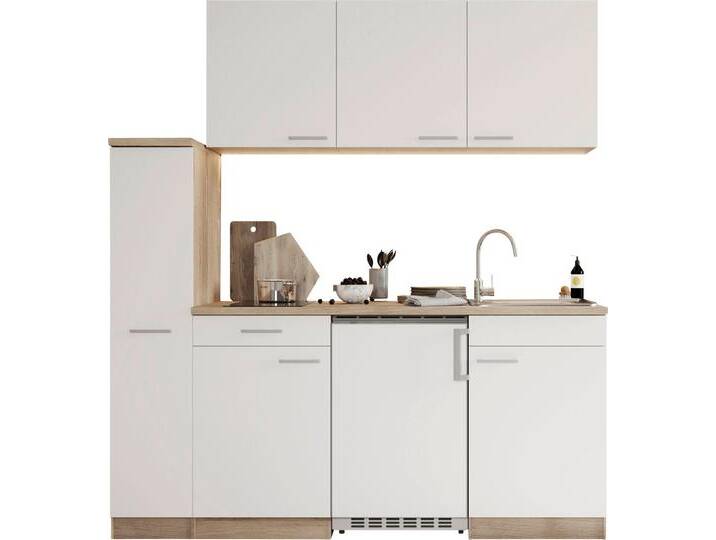 Küche RESPEKTA Luis, Glaskeramikkochfeld, wahlweise Mikrowelle, Korpus Eiche Sägerau , weiß (küche: weiß, front: weiß, korpus: eiche sägerau nachbildung, arbeitsplatte: eiche sägerau nachbildung), B:180cm H:200cm T:60cm, Komplettküchen-Sets, Breite 180 cm, in exclusiver Konfiguration für OTTO von BAUR