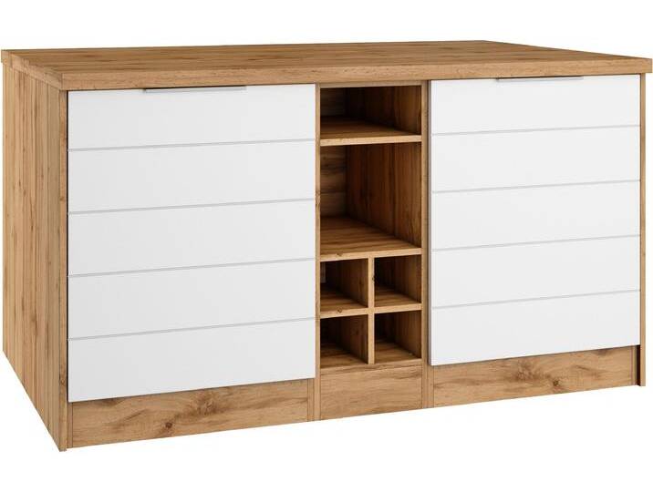 Kücheninsel KOCHSTATION KS-Luhe, Breite 153 cm, mit Flaschenregal , weiß (front: weiß matt, korpus: wotaneichefarben, arbeitsplatte: wotaneichefarben), B:153cm H:86cm T:100cm, Komplettküchen-Sets, Küchenzeile, MDF-Fronten, Arbeitsplatte 38mm stark von BAUR