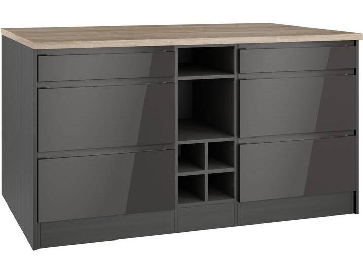 Kücheninsel KOCHSTATION KS-Virginia , grau (front: grau hochglanz, korpus: grafitgrau, arbeitsplatte: eiche sonoma), B:153cm H:85cm T:100cm, Komplettküchen-Sets, Küchenzeile, Breite 153 cm, MDF-Fronten, Flaschenregal von BAUR