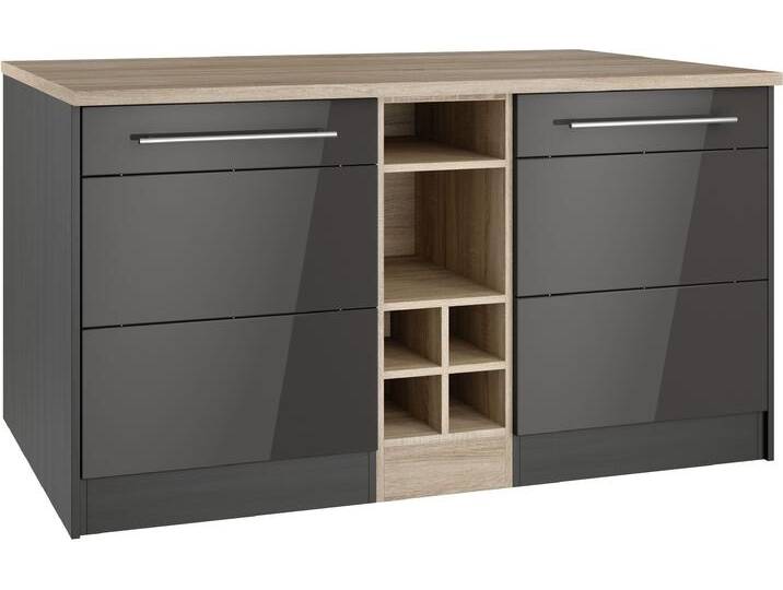 Kücheninsel KOCHSTATION KS-Wien , grau (front: grau hochglanz, korpus: grafitgrau, arbeitsplatte: eiche sonoma), B:153cm H:85cm T:100cm, Komplettküchen-Sets, Küchenzeile, Breite 153 cm, MDF-Fronten, Flaschenregal von BAUR