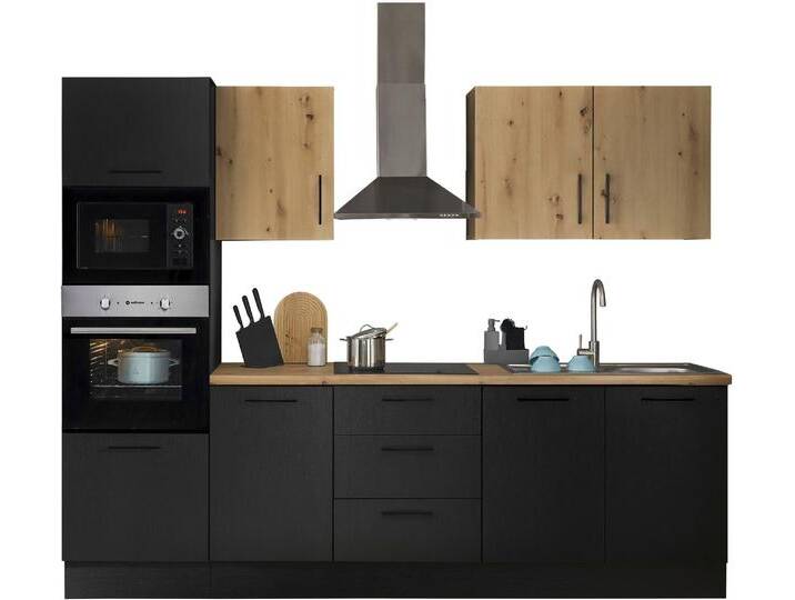 Küchenzeile BASIC BY BALCULINA Turin , schwarz (front: schwarz matt woodprint, artisan eichefarben, korpus: schwarz matt woodprint, arbeitsplatte: artisan eichefarben), B:270cm H:211cm T:60cm, Komplettküchen-Sets, Küchenzeile, Breite 270 cm, wahlweise mit E-Geräten von BAUR