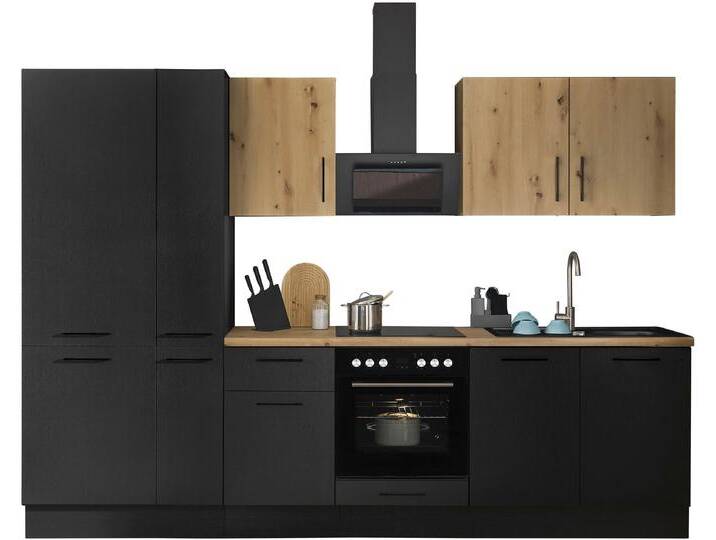 Küchenzeile BASIC BY BALCULINA Turin , schwarz (küche: schwarz, korpus: schwarz matt woodprint, arbeitsplatte: artisan eichefarben), B:300cm H:211cm T:60cm, Komplettküchen-Sets, Küchenzeile, Breite 300 cm, wahlweise mit E-Geräten von BAUR