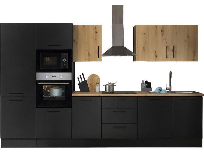 Küchenzeile BASIC BY BALCULINA Turin , schwarz (küche: schwarz, korpus: schwarz matt woodprint, arbeitsplatte: artisan eichefarben), B:340cm H:211cm T:60cm, Komplettküchen-Sets, Küchenzeile, Breite 340 cm, wahlweise mit E-Geräten von BAUR