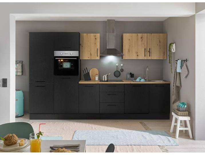 Küchenzeile BASIC BY BALCULINA Turin , schwarz (front: schwarz matt woodprint, artisan eichefarben, korpus: schwarz matt woodprint, arbeitsplatte: artisan eichefarben), B:340cm H:211cm T:60cm, Komplettküchen-Sets, Küchenzeile, Breite 340 cm, wahlweise mit E-Geräten von BAUR