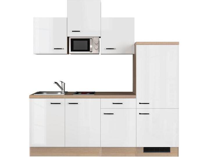 Küchenzeile FLEX-WELL Florenz , weiß (front: hochglanz weiß, korpus: sonoma eiche, arbeitsplatte: sonoma eiche), B:210cm H:226cm T:60cm, Komplettküchen-Sets, Breite 210 cm, mit Kühlgerät und Glaskeramikkochfeld sowie Mikrowelle von BAUR