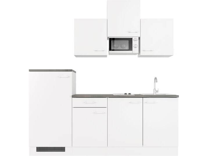 Küchenzeile FLEX-WELL Lucca , weiß (front: weiß matt, korpus: weiß, arbeitsplatte: caledonia), B:210cm H:226cm T:60cm, Komplettküchen-Sets, Breite 210 cm, mit Kühlgerät und Glaskeramikkochfeld sowie Mikrowelle von BAUR