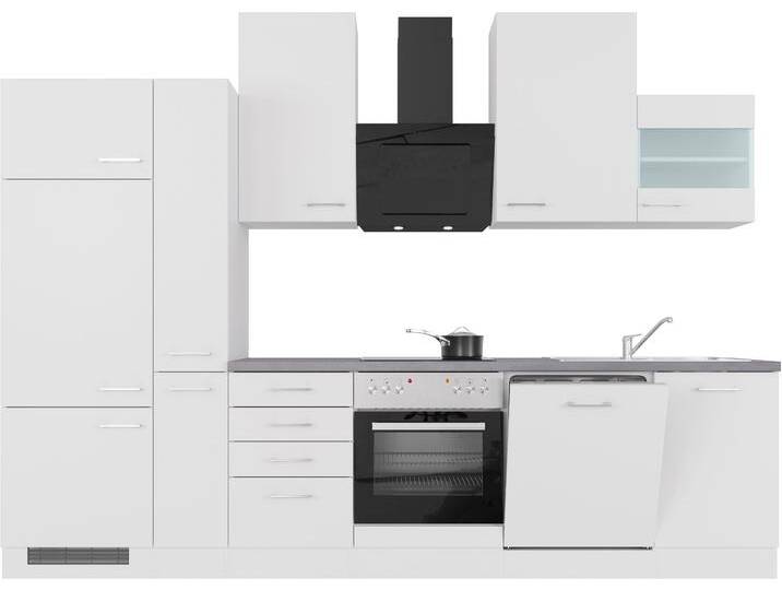 Küchenzeile FLEX-WELL Neo , grau (front: weiß matt, korpus: weiß, arbeitsplatte: beton, grau), B:310cm H:234cm T:60cm, Komplettküchen-Sets, Küchenzeile, wahlweise mit E-Geräten, Gesamtbreite 310 cm von BAUR
