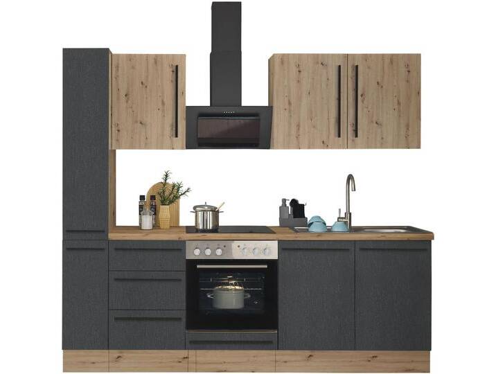 Küchenzeile KOCHSTATION Florida , schwarz (front: schwarz matt, artisan, korpus: artisan eiche, arbeitsplatte: artisan eiche), B:240cm H:211cm T:60cm, Komplettküchen-Sets, Breite 240 cm, wahlweise mit E-Geräten,Softclose für Türen/Schubkästen von BAUR