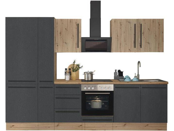 Küchenzeile KOCHSTATION Florida , schwarz (front: schwarz matt, artisan, korpus: artisan eiche, arbeitsplatte: artisan eiche), B:300cm H:211cm T:60cm, Komplettküchen-Sets, Breite 300 cm, wahlweise mit E-Geräten,Softclose für Türen/Schubkästen von BAUR