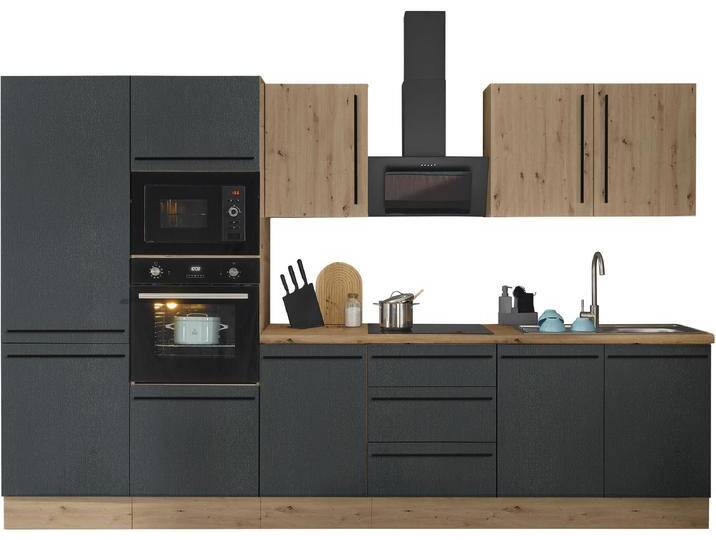 Küchenzeile KOCHSTATION Florida , schwarz (front: schwarz matt, artisan, korpus: artisan eiche, arbeitsplatte: artisan eiche), B:330cm H:211cm T:60cm, Komplettküchen-Sets, Breite 330 cm, wahlweise mit E-Geräten,Softclose für Türen/Schubkästen von BAUR