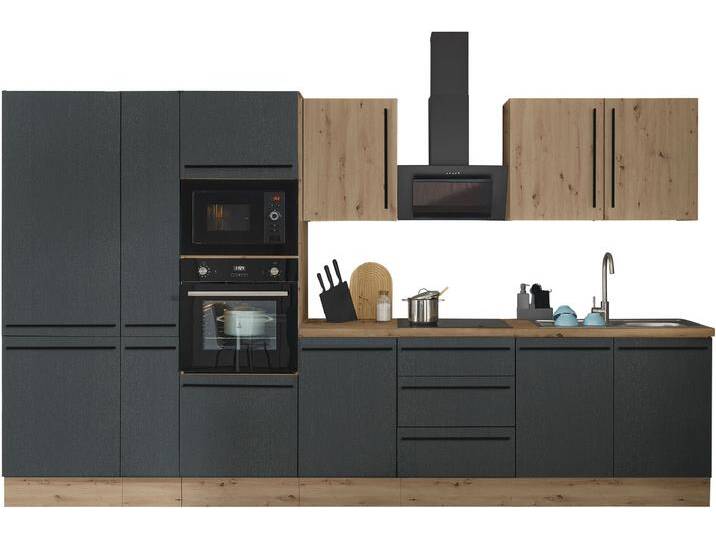 Küchenzeile KOCHSTATION Florida , schwarz (front: schwarz matt, artisan, korpus: artisan eiche, arbeitsplatte: artisan eiche), B:360cm H:211cm T:60cm, Komplettküchen-Sets, Breite 360 cm, wahlweise mit E-Geräten,Softclose für Türen/Schubkästen von BAUR