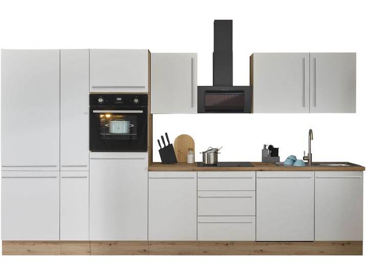 Küchenzeile KOCHSTATION Florida , weiß (front: weiß matt, korpus: artisan eiche, arbeitsplatte: artisan eiche), B:370cm H:211cm T:60cm, Komplettküchen-Sets, Breite 370 cm, wahlweise mit E-Geräten,Softclose für Türen/Schubkästen von BAUR