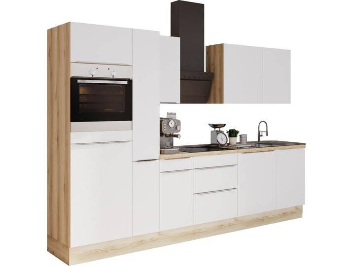 Küchenzeile KOCHSTATION KS-Aken , weiß (front: weiß matt, korpus: wildeichefarben, arbeitsplatte: eiche struktur), B:300cm H:212cm T:60cm, Komplettküchen-Sets, Küchenzeile, Breite 300 cm, wahlweise mit E-Geräten, mit Arbeitsplatte 38 mm stark von BAUR