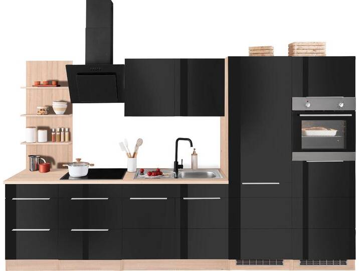 Küchenzeile KOCHSTATION KS-Brindisi Breite 330 cm , schwarz (front: schwarz hochglanz, korpus: eichefarben, arbeitsplatte: eichefarben), B:330cm H:200cm T:60cm, Komplettküchen-Sets, Küchenzeile, wahlweise mit E-Geräten und Induktion, mit MDF-Fronten und Regal von BAUR