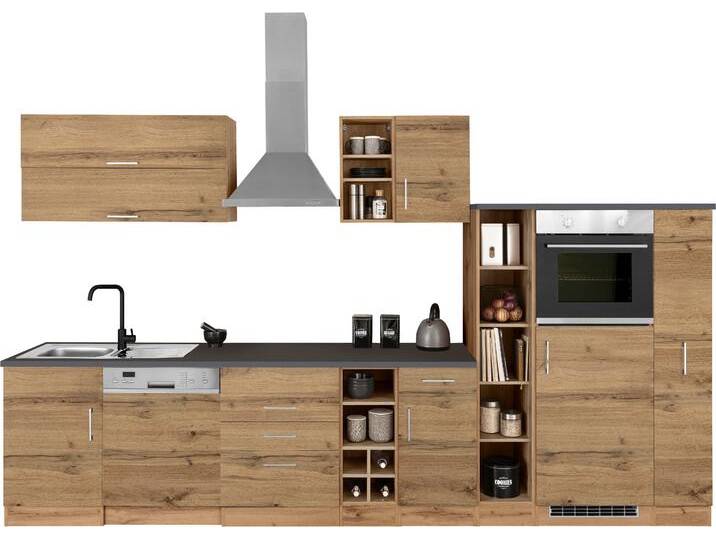 Küchenzeile KOCHSTATION KS-Colmar , braun (front: wotaneichfarben, korpus: wotaneichfarben, arbeitsplatte: anthrazit), B:360cm T:60cm, Komplettküchen-Sets, mit E-Geräten, Breite 360 cm von BAUR