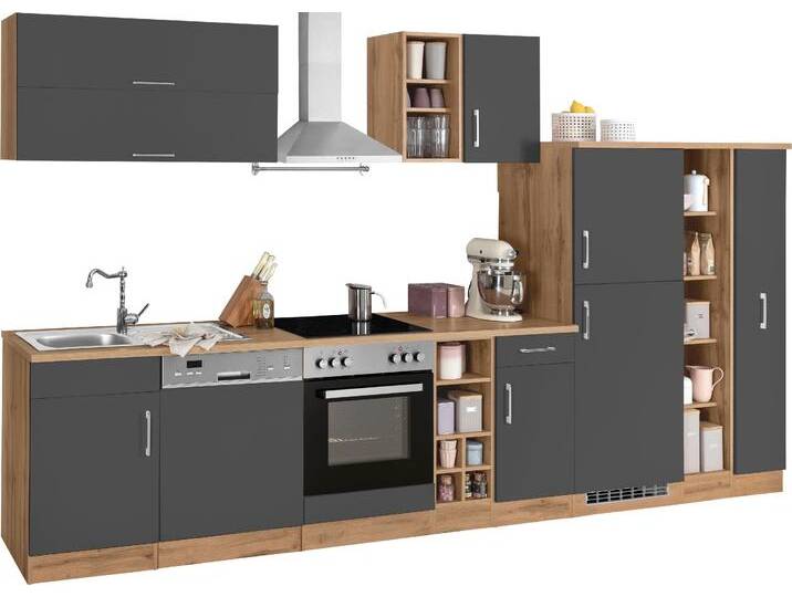 Küchenzeile KOCHSTATION KS-Colmar , grau (front: anthrazit, korpus: wotaneichfarben, arbeitsplatte: wotaneichfarben), B:360cm T:60cm, Komplettküchen-Sets, ohne E-Geräte, Breite 360 cm von BAUR