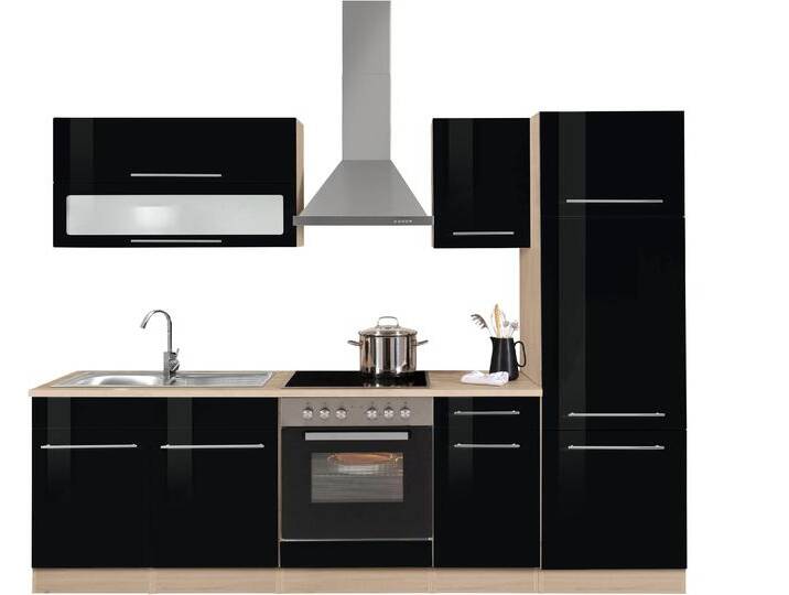 Küchenzeile KOCHSTATION KS-Eton , schwarz (front: schwarz hochglanz, korpus: eichefarben, arbeitsplatte: eichefarben), B:270cm T:60cm, Komplettküchen-Sets, ohne E-Geräte, Breite 270 cm von BAUR
