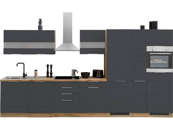 Küchenzeile KOCHSTATION KS-Luhe , grau (front: grau matt, korpus: wotaneichefarben, arbeitsplatte: wotaneichefarben), B:390cm T:60cm, Komplettküchen-Sets, Küchenzeile, 390 cm breit, wahlweise mit oder ohne E-Geräten, gefräste MDF-Fronten von BAUR