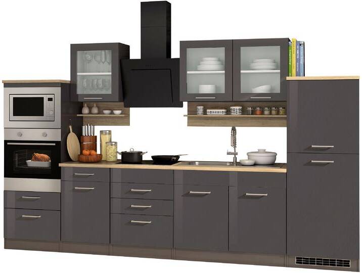 Küchenzeile KOCHSTATION KS-Mailand , grau (front: grau glanz, korpus: grau, arbeitsplatte: eichefarben), B:330cm T:60cm, Komplettküchen-Sets, mit Elektrogeräten, Breite 330 cm von BAUR