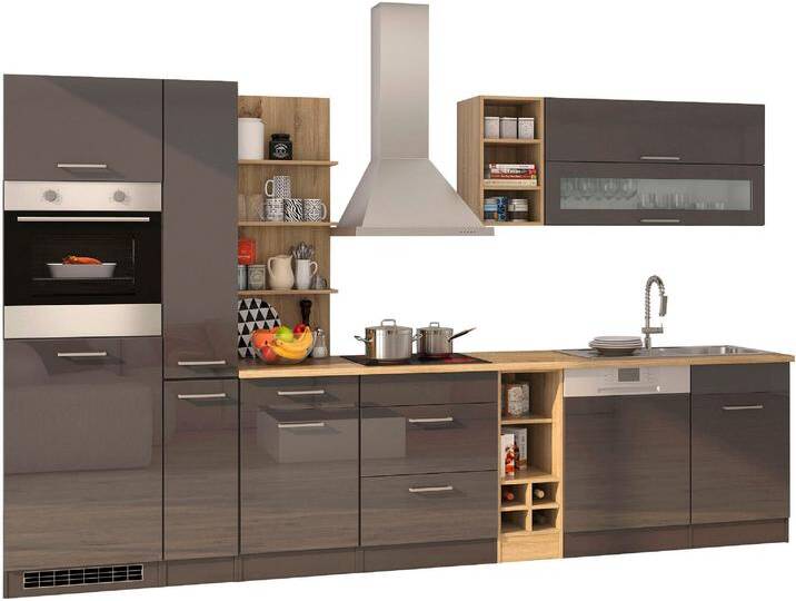 Küchenzeile KOCHSTATION KS-Mailand , grau (front: grau glanz, korpus: grau, arbeitsplatte: eichefarben), B:340cm T:60cm, Komplettküchen-Sets, mit Elektrogeräten, Breite 340 cm von BAUR