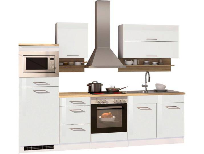 Küchenzeile KOCHSTATION KS-Mailand , weiß (front: weiß glanz, korpus: weiß, arbeitsplatte: eichefarben), B:270cm T:60cm, Komplettküchen-Sets, mit Elektrogeräten, Breite 270 cm von BAUR