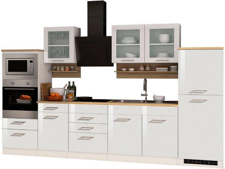 Küchenzeile KOCHSTATION KS-Mailand , weiß (front: weiß glanz, korpus: weiß, arbeitsplatte: eichefarben), B:330cm T:60cm, Komplettküchen-Sets, mit Elektrogeräten, Breite 330 cm von BAUR