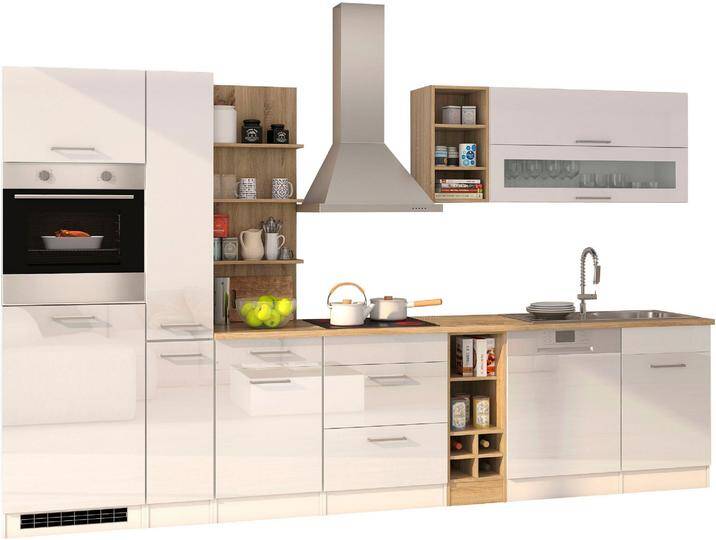 Küchenzeile KOCHSTATION KS-Mailand , weiß (front: weiß glanz, korpus: weiß, arbeitsplatte: eichefarben), B:340cm T:60cm, Komplettküchen-Sets, mit Elektrogeräten, Breite 340 cm von BAUR