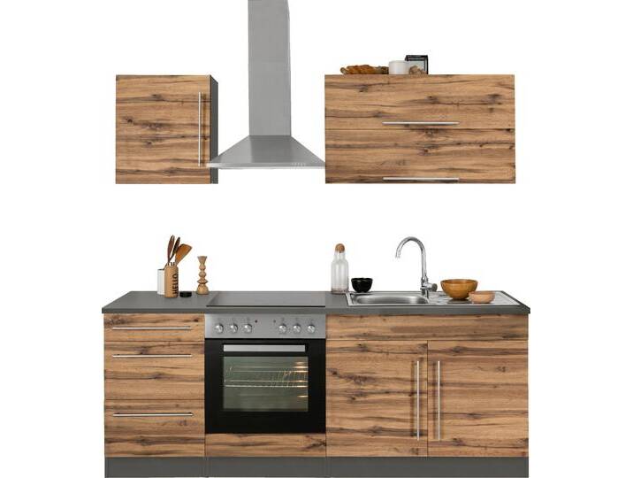 Küchenzeile KOCHSTATION KS-Samos , braun (front: wotaneichefarben, korpus: grafitgrau, arbeitsplatte: anthrazit), B:210cm H:200cm T:60cm, Komplettküchen-Sets, Küchenzeile, Breite 210 cm, wahlweise mit E-Geräten, mit Arbeitsplatte von BAUR