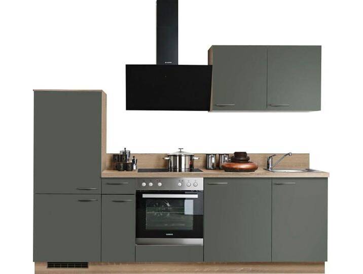 Küchenzeile KOCHSTATION KS-Scafa, vormontiert, mit höhenverstellbaren Füßen , grau (front: anthrazit, korpus: bergeiche nachbildung, arbeitsplatte: bergeiche nachbildung), B:260cm T:60cm, Komplettküchen-Sets, vormontiert, wahlweise mit E-Geräten, mit Soft-Close, Breite 260 cm von BAUR