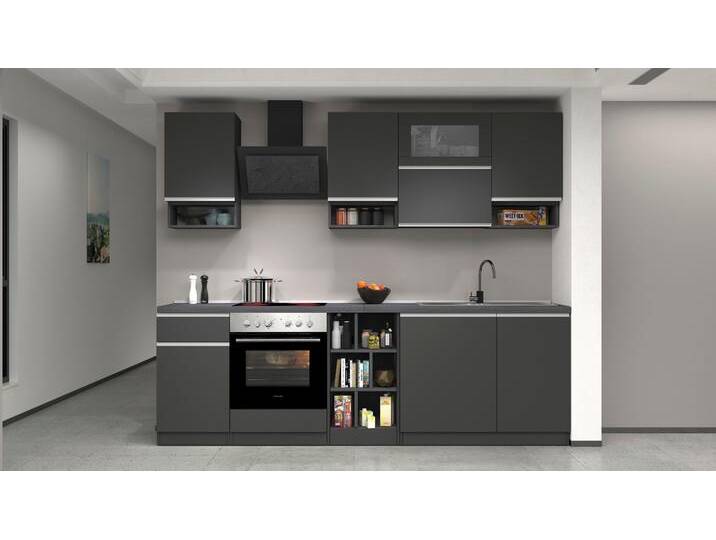 Küchenzeile KOCHSTATION KS-Sole , grau (front: anthrazit matt, korpus: anthrazit matt, arbeitsplatte: schieferfarben), B:256cm T:60cm, Komplettküchen-Sets, Küchenzeile, Breite 256 cm, mit Geschirr-Abtropfschrank, ohne E-Geräte von BAUR