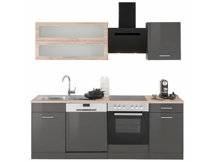 Küchenzeile KOCHSTATION KS-Utah , grau (front: grau hochglanz, korpus: graphit, arbeitsplatte: eiche sonoma), B:220cm T:60cm, Komplettküchen-Sets, mit E-Geräten, Breite 220 cm mit farblich abgesetztem Hängeschrank von BAUR