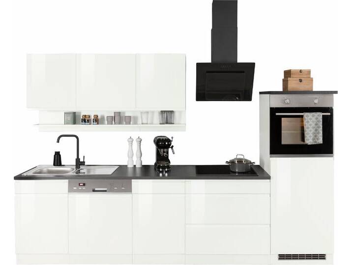 Küchenzeile KOCHSTATION KS-Virginia , bunt (küche: weiß, front: weiß hochglanz, korpus: weiß, arbeitsplatte: anthrazit), B:300cm T:60cm, Komplettküchen-Sets, Breite 300 cm, wahlweise mit Induktion von BAUR