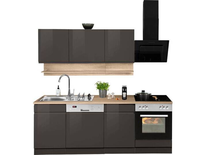 Küchenzeile KOCHSTATION KS-Virginia , grau (front: grau hochglanz, korpus: graphit, arbeitsplatte: eiche sonoma), B:220cm H:200cm T:60cm, Komplettküchen-Sets, Breite 220 cm, wahlweise mit oder ohne E-Geräte von BAUR