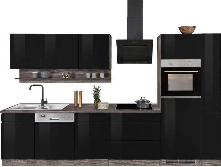 Küchenzeile KOCHSTATION KS-Virginia , schwarz (küche: schwarz, front: schwarz hochglanz, korpus: eiche vintage, arbeitsplatte: eiche vintage), B:330cm H:200cm T:60cm, Komplettküchen-Sets, Breite 330 cm, mit E-Geräten von BAUR