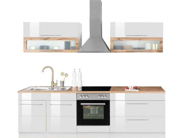 Küchenzeile KOCHSTATION KS-Wien , weiß (küche: weiß, front: weiß hochglanz, korpus: weiß, arbeitsplatte: eiche sonoma), B:260cm T:60cm, Komplettküchen-Sets, Küchenzeile, Breite 260 cm, wahlweise mit E-Geräten von BAUR