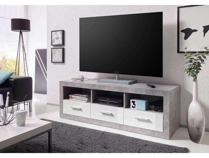 Lowboard HBZ Stone weiß Hochglanz, TV Möbel bis 55 Zoll, BxHxT 147x49x45 cm , grau (beton, weiß), B:147cm H:49cm T:45cm, Holzwerkstoff, Sideboards, Mit 3 offenen Fächer, 3 Schubkästen, 1 Kabeldurchführung von BAUR