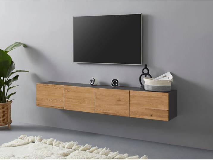 Lowboard VOGL MÖBELFABRIK 1237 , grau (graphit, eiche), B:184cm H:32cm T:30cm, Massivholz, Spanplatte, Sideboards, Breite 184 cm, hängend und stehend, Front Eiche furniert von BAUR