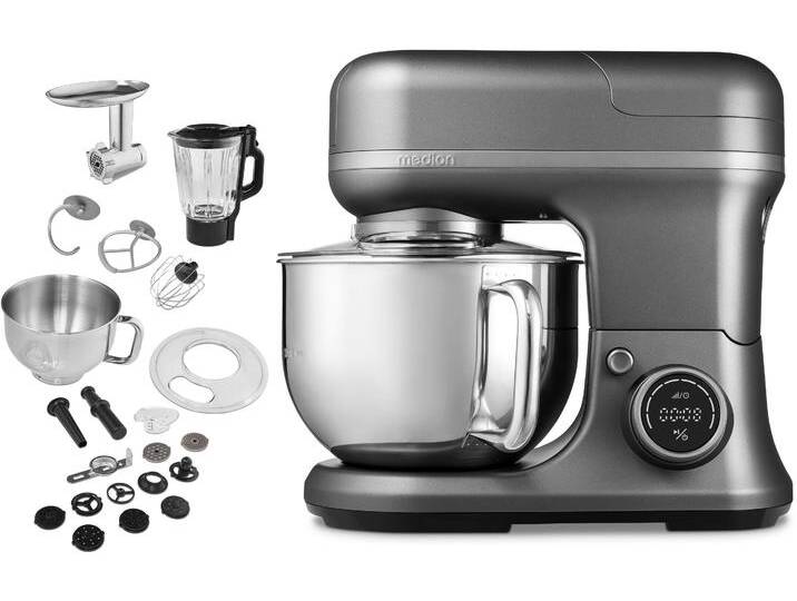 MEDION Küchenmaschine MD 18430, 8 Geschwindigkeitsstufen, Impulsfunktion, 5L Rührschüssel , grau (titan), B:44,2cm H:35,4cm T:23,7cm, Küchenmaschinen, Mit umfangreichem Zubehör-Set, Mixeraufsatz, Fleischwolf-Aufsatz von BAUR
