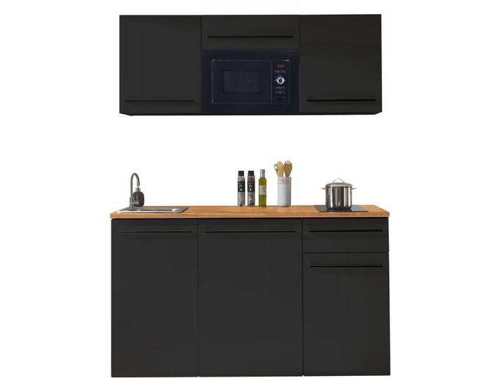 Pantryküche BASIC BY BALCULINA Jazz Singleküche , schwarz (front: schwarz matt, korpus: schwarz matt, arbeitsplatte: lanzelot eichefarben), B:160cm T:60cm, Komplettküchen-Sets, Küchenzeile, Breite 160 cm, wahlweise mit E-Geräten und Mikrowelle von BAUR