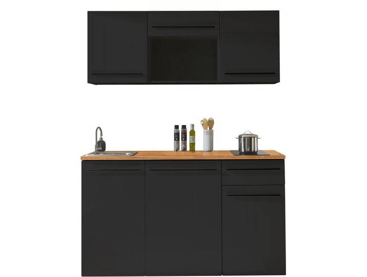 Pantryküche BASIC BY BALCULINA Jazz Singleküche , schwarz (front: schwarz matt, korpus: schwarz matt, arbeitsplatte: lanzelot eichefarben), B:160cm T:60cm, Komplettküchen-Sets, Küchenzeile, Breite 160 cm, wahlweise mit E-Geräten und Mikrowelle von BAUR