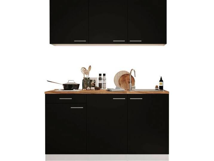 Pantryküche RESPEKTA Luis, mit Duo Kochfeld, wahlweise mit Mikrowelle, Korpus Weiß , schwarz (küche: schwarz, front: schwarz, korpus: eiche sägerau nachbildung, arbeitsplatte: eiche sägerau nachbildung), B:150cm H:200cm T:60cm, Komplettküchen-Sets, Küchenzeile, Breite 150 cm, in exclusiver Konfiguration für OTTO von BAUR