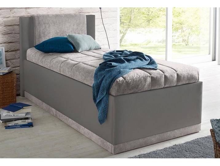 Polsterbett, grau (dunkelgrau, hellgrau), B:117cm L:212cm, Bezug Bett: Microfaser (100% Polyester), Bonnell-Federkernmatratze: Frottee (100% Polyester), Tonnentaschen-Federkernmatratze: 80% Baumwolle und 20% Polyester, Bezug abnehm- und waschbar bis 60u00b0C, Tagesdecke: Microfaser (100% Polyester), WESTFALIA SCHLAFKOMFORT, Betten, Polsterbett Polsterbett mit Bettkasten, mit Bettkasten und Tagesdecke von BAUR