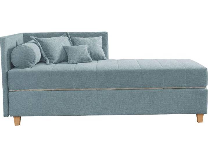 Schlafsofa ALINA Kona , blau (pastellblau gcp 16), B:201cm H:90,5cm T:101cm, Chenille GCP (100% Polyester), Sofas, 7-Zonen Taschenfederkernmatratze, Zierkissen-Set und Schlummerrollen von BAUR