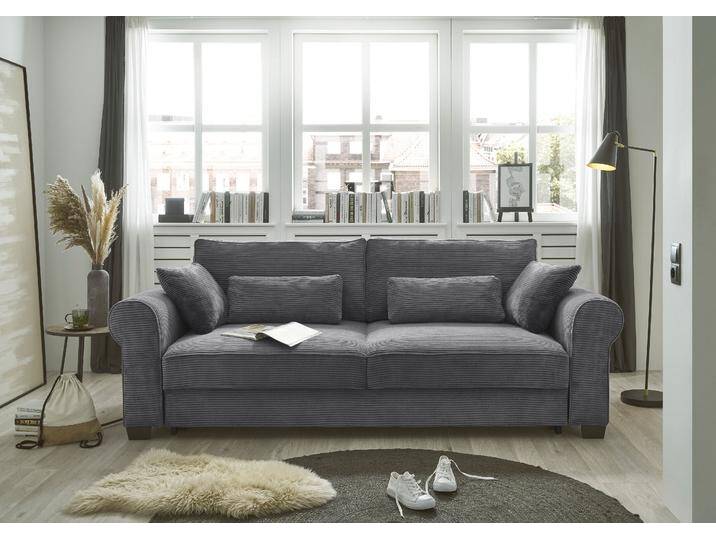 Schlafsofa ED EXCITING DESIGN Angelina , grau (dunkelgrau), B:250cm H:95cm T:125cm, 92% Polyester, 8% Nylon, Sofas, mit Bettkasten & 4 Zierkissen von BAUR