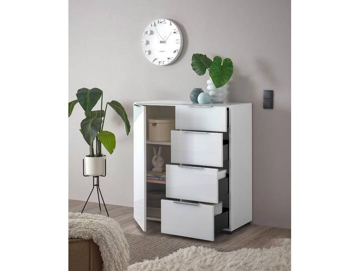 Sideboard HBZ Santorin Mehrzweckschrank-Universalschrank, BxHxT 90x99x40 cm , weiß, B:90cm H:99cm T:40cm, Holzwerkstoff, Sideboards, Mit 1 Tür und 4 Schubkästen mit Softclose, Glasfront und Glasoberboden von BAUR