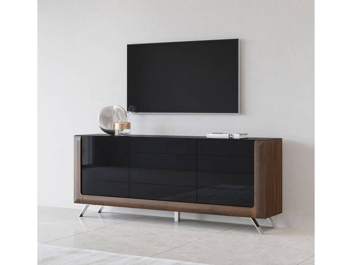Sideboard LEONIQUE Kasai , schwarz (wallnut columbia, schwarz hgl), B:199cm H:81cm T:44cm, FSC-zertifizierter Holzwerkstoff, Melamin, MDF, Glas, Metall, Sideboards, Breite 199 cm, mit 3 Türen von BAUR