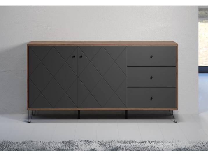 Sideboard PLACES OF STYLE Molveno , schwarz (eiche kraft gold melamin, graphite tiefzieh), B:183cm H:76cm T:40cm, FSC-zertifizierter Holzwerkstoff, Sideboards, Sideboard, 2 Türen, 3 Schubkasten & Soft-Close - (B/T/H) 183/40/76 cm von BAUR