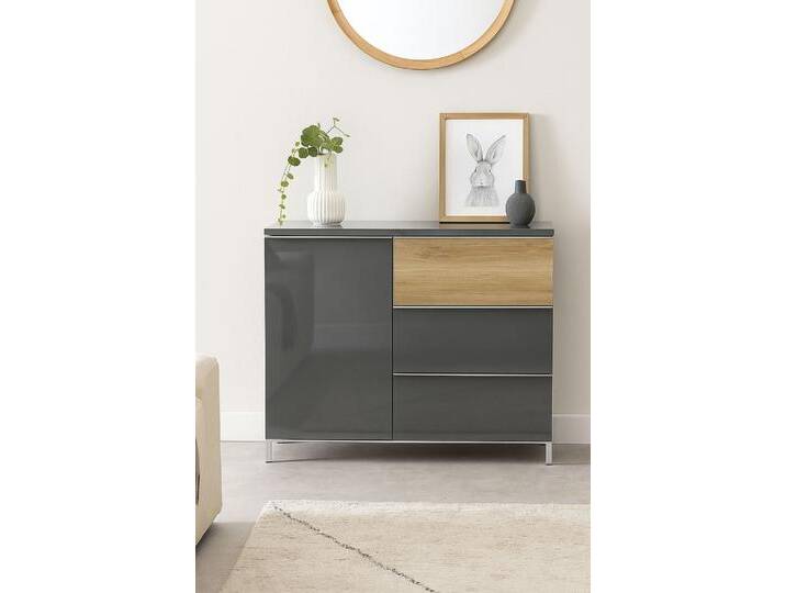 Sideboard PLACES OF STYLE Onyx, Kommode mit 3 Schubladen und 1 Tür, UV Lackierung Hochglanz , grau (anthrazit, walnussfarben), B:106cm H:88cm T:45cm, Spanplatte, Sideboards, Kombikommode, Kombikommode mit Soft-Close-Funktion, Maße (B/T/H) 106/45/88cm von BAUR