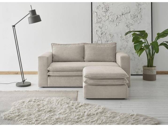 Sitzgruppe PLACES OF STYLE PIAGGE , beige (hellbeige), B:180cm H:83cm T:161cm, Sitzmöbel-Sets, 2-Sitzer-Sofa und Hocker klein im Set von BAUR