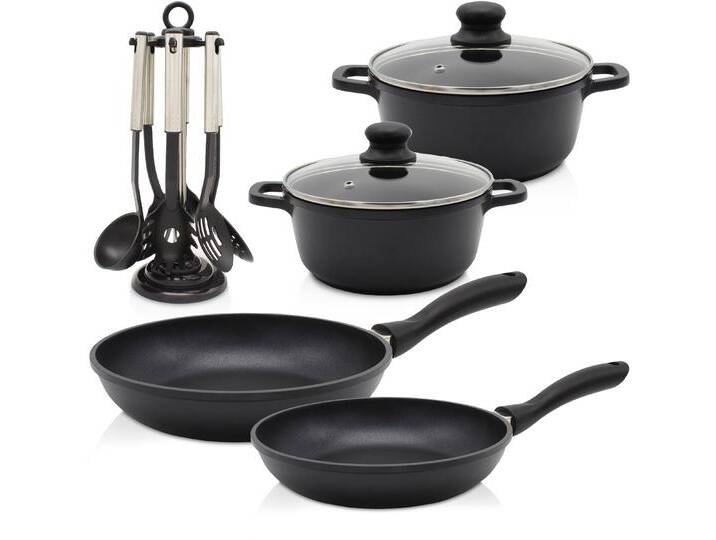 Topf-Set KRÜGER Aluguss Topf-/Pfannenset LEIPZIG inkl. Küchenhelfern, 13 tlg. , schwarz, Töpfe, inkl. 7-tlg. Küchenhelfer-Set von BAUR
